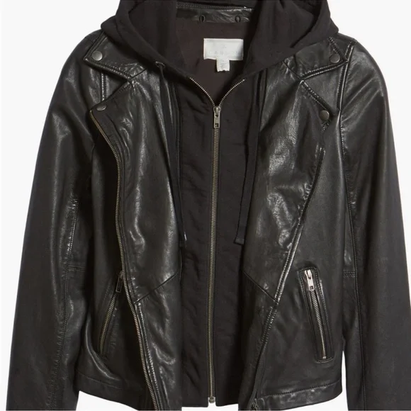 Caslon Black Leather Moto Jacket Women Large Removable Hood - Picture 15 of 16